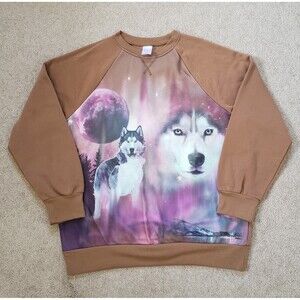 No Boundaries Wolf Scenic Moon Night Crew-Neck Sweater Brown Junior (11-13)